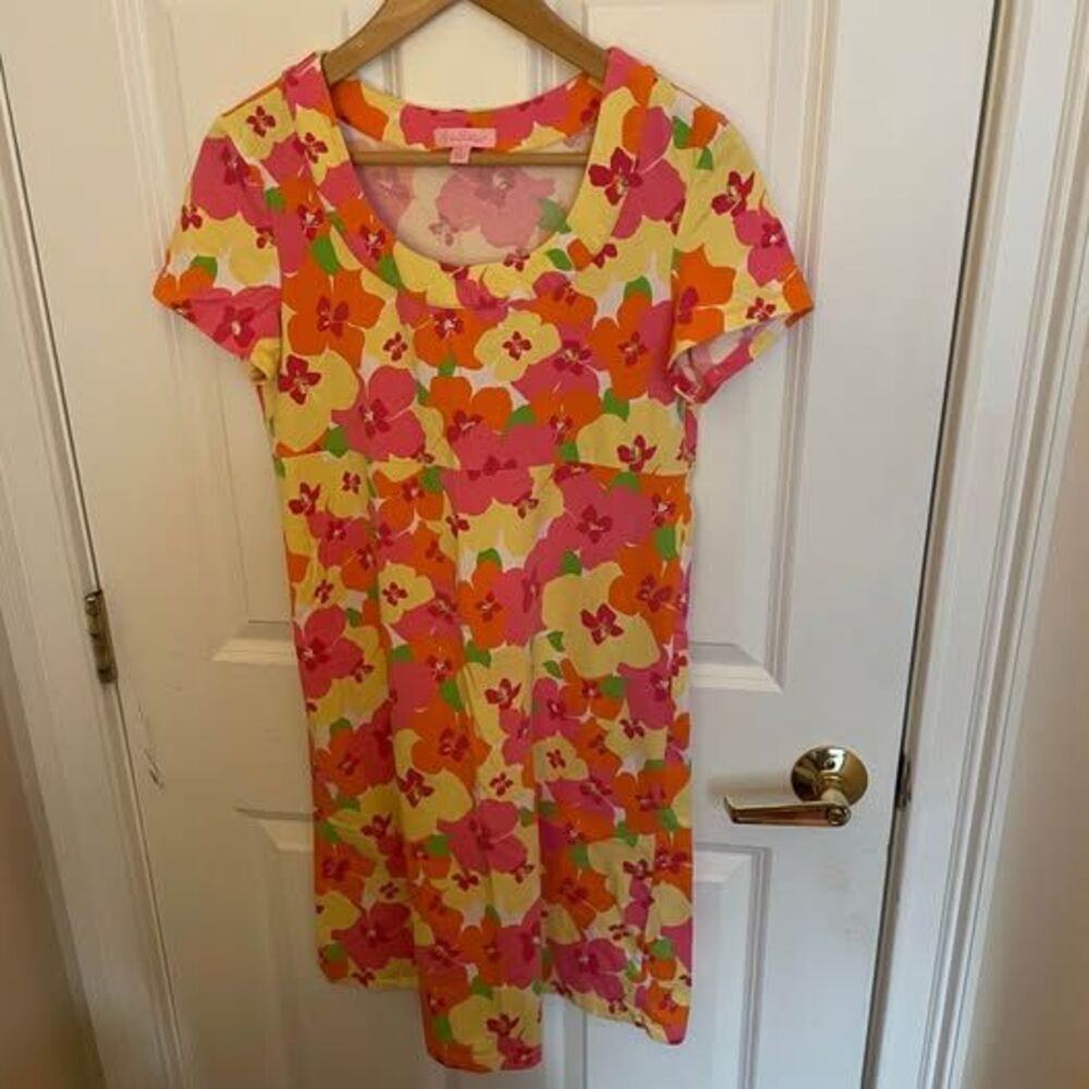 Vtg Lilly Pulitzer T Shirt Dress S Floral Preppy Travel Vacation Resort Cruise